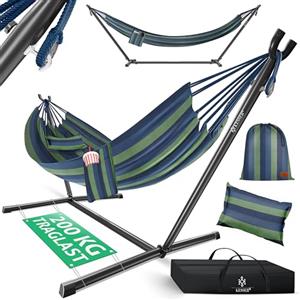 KESSER® Amaca HILL con telaio e cuscino - doppia amaca per 2 persone - solida struttura - capacità di carico 200 kg - per esterni ed interni - poltrona sospesa XXL doppia o multi-persona, Blu