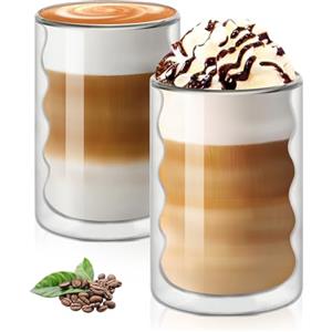 Vicloon Tazza caffè Doppio Vetro Borosilicato, 2 Pezzi Bicchieri Espresso Doppia Parete 375 ml, Tazzine di Vetro a Doppia Parete, Bicchiere caffè Vetro per tè, Latte, Cappuccino, Espresso, Succo