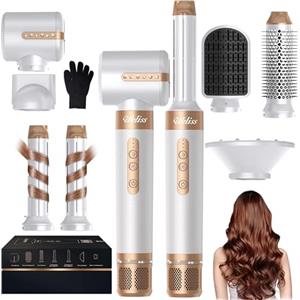 UKLISS 7 in 1 Airstyler, Pro Spazzola Asciugacapelli & Hairstyler con Phon per Capelli, Thermal Brush, Spazzola Lisciante per Capelli, Arricciacapelli Automatico, Regali Set per Donne Styling - White