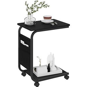 WOLTU Tavolino da caffè, Tavolo con 2 Ripiani e 1 Tasca Laterale, Tavolino Soggiorno a Forma di C, su Rotelle, per Divano Letto, in Legno Truciolare e Metallo, 50x35x62cm, Nero BTS04sz