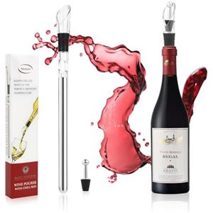 Vicloon Refrigeratore per Bottiglie Vino, 2 in 1 Decanter per Vino, in Acciaio Inossidabile, con Aeratore Versatore, Bastoncino Refrigerante per Bottiglie di Vino, Tappo, per Vini Bianchi e Rossi