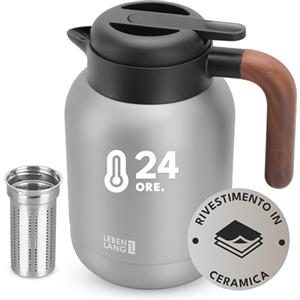 LEBENLANG Thermos caffe 1,5 litri Grigio - Rivestimento ceramico & senza BPA I 24 ore al caldo & Incl. filtro da tè I Termos caffè Caraffa termica Termus per te caldo grande Teiera