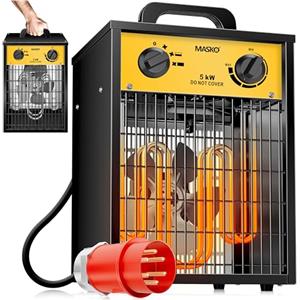 MASKO® Stufa elettrica Termoventilatore Riscaldatore da cantiere con termostato integrato, Riscaldatore elettrico con 3 livelli di calore, Termoventilatore per uso interno, giallo, 5 KW