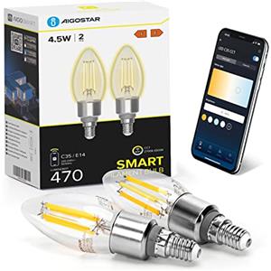 Aigostar Lampadine Smart WiFi E14 Alexa Lampadine Vintage C35 4.5W Edison Lampadina WiFi Dimmerabile 2700K-6500K, Controllo Remoto tramite APP, Compatibile Con Alexa, Google Home, Trasparente 2 pezzi