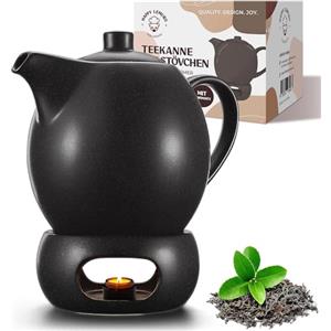 Happy Lemuro Teiera con set scaldavivande - 1,2 l - con inserto colino - Teiera - Teiera - Accessori - Ceramica - Nero con scalda-candela - Teiera