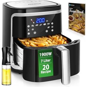 Aigostar Cube 30IBT - Friggitrice ad Aria XXL, 1900W, 7L air fryer, Pannello touch a led, 20- Ricette, Cestello removibile anti aderente, Mantenimento calore, 7 Scelte già programmate