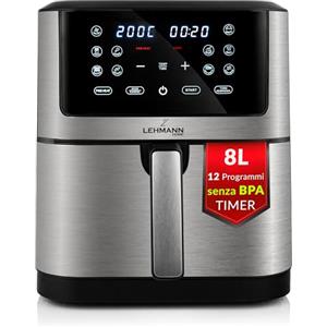 LEHMANN Friggitrice ad Aria XXL 8L, Air Fryer Familiare, 12 Programmi & Regolazione Manuale 76-200°C, Display LED Touch, Lavabile in Lavastoviglie, Rivestimento Antiaderente, 90% di Grassi in Meno