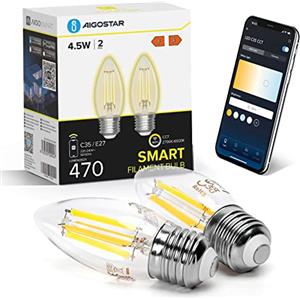 Aigostar Lampadine Smart WiFi E27 Alexa Lampadine Vintage C35 4.5W Edison Lampadina WiFi Dimmerabile 2700K-6500K, Controllo Remoto tramite APP, Compatibile Con Alexa, Google Home, Trasparente 2 pezzi