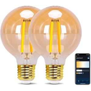 Aigostar Lampadina Vintage Smart, E27 LED 6W Ambra Lampadine Filamento a Globo G80, 806 LM Bianco Caldo Dimmerabile 2700K - 6500K, Compatibile con Alexa e Google Home, 2.4GHz WiFi, 2 Unità
