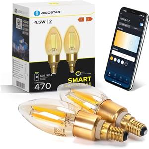 Aigostar Lampadine WiFi Alexa E14 Smart Lampadina Edison C35 4.5W 470lm Lampadine Smart Retrò Dimmerabile 2700K-6500K bianco freddo caldo, Compatibile Con Alexa, Google Home, ámbar 2 pezzi