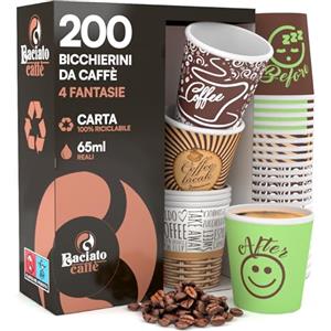 Eurocali 200 Bicchierini in Carta per Caffè 65ml Usa e Getta 4 Fantasie Colorate - Bicchieri Monouso Biodegradabili Ecologici Piccoli - Calore Fino a 95°C per Ristoranti Ufficio Asporto Bar - Fantasia Mix A