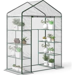 Outsunny Serra da Giardino e Terrazzo Rettangolare, Serra da Balcone con Telo Trasparente in PVC e 8 Mensole, Porta Avvolgibile con Cerniera, 143x73x195cm