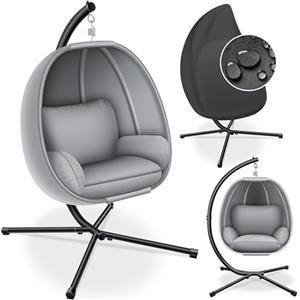 KESSER® Poltrona sospesa Luxe con telaio + morbido cuscino da seduta, imbottitura laterale, seduta e schienale imbottiti, cesto sospeso, per interni ed esterni, cesto a dondolo da giardino, grigio