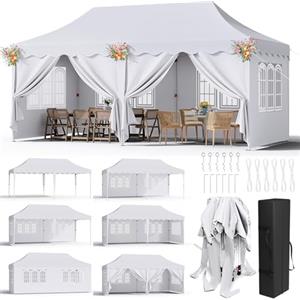 LIFERUN Gazebo 3x6 Pieghevole Impermeabile Con 6 Pareti Laterali - Tenda Protezione UV 50+ - 12 Chiodi Rettificati e 6 Corde - Per Esterno, Giardino, Campeggio, Matrimoni - Bianco