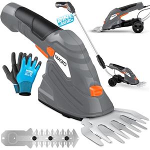 MASKO® Tagliaerba, Tagliaarbusti con batteria 7.2V 2000mA/h + caricatore + guanti, Tagliasiepi elettrico da giardino, forbici da prato incluse. Lama per erba + lama per arbusti incl. asta telescopica