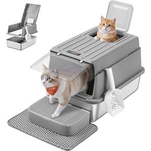 Feandrea Lettiera per Gatti in Acciaio Inox, Toilette per Gatti fino a 15 kg con Coperchio, con Paletta, Tappetino per Lettiera e 2 Ingressi, Grigio Tortora PPT007GN01