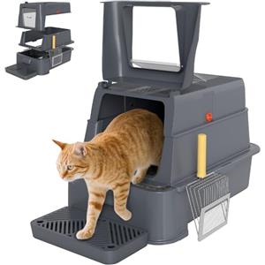 PawHut Lettiera per Gatti Chiusa XXL in Acciaio Inox, 3 in 1 Toilette per Gatti 80L con Coperchio Ribaltabile 180°, Pedale e Paletta, Antiaderente, Antiodore, Facile da Pulire, Grigio Scuro