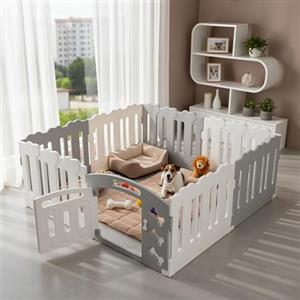 MAMIZO Recinto per Cani Interno Esterno alto 60cm, Box Cani 7+1 PCS Pannelli, Recinzione Gatti Pieghevole, Recinto Gatti in Plastica con Cancello, Incluse Ventose e Ancoraggi a Terra, Grigio-Bianco