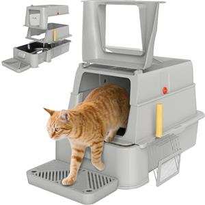 PawHut Lettiera per Gatti Chiusa XXL in Acciaio Inox, 3 in 1 Toilette per Gatti 80L con Coperchio Ribaltabile 180°, Pedale e Paletta, Antiaderente, Antiodore, Facile da Pulire, Grigio Chiaro