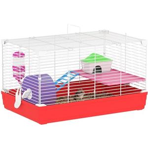 PawHut Gabbia per Criceti a 2 Livelli in Metallo e PP con Casetta, Serbatoio dell'acqua, Ruota e Piattini, 47x30x27 cm, Rosso e Bianco