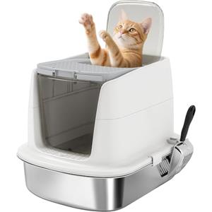 PawHut Lettiera per Gatti Chiusa a 2 Ingressi con Deodorante e Paletta, Lettiera per Gattini in Acciaio Inox, ABS e PP, 52.4x41.3x39.8 cm, Bianco