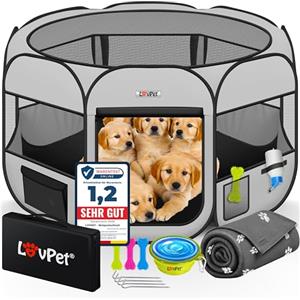 Lovpet® Recinto per Cuccioli - recinto per Animali Pieghevole per Piccoli Animali, Cani, Gatti, incl. Ciotola per Cani - Box per Cani - Recinzione - Tessuto Oxford - Sistema Pop-up