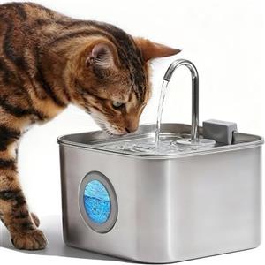 FUKUMARU Fontanella per Gatti in Acciaio Inox, 3.2L, Distributore Automatico d'Acqua per Gatti, Supe Silenzioso, Dispenser Acqua Gatto con Finestra Visibile e Rubinetto. Facile da Pulire.