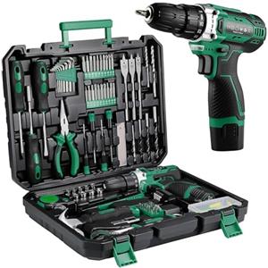 TLGREEN Cassetta Attrezzi con Trapano Avvitatore Batteria 12V, Valigia Utensili Portatile Completa 138 pezzi Set di attrezzi, Set Completo di Punte Trapano a Percussione Per Casa Progetto, Fai da te