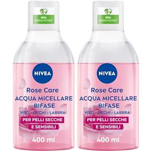 NIVEA Rose Care Acqua Micellare Bifase 400 ml, Struccante viso e occhi con Olio e Acqua di Rose Bio efficace sul trucco waterproof, Detergente viso, occhi e labbra per pelli secche e sensibili