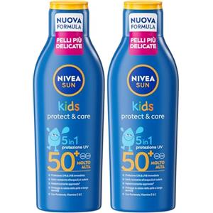 NIVEA SUN Kids Protect & Care SPF 50+ 200 ml, Crema solare 50 bambini 3+ anni per la pelle delicata, Protezione solare 50 bambini extra resistente all'acqua e al sudore con Pantenolo, Vitamina C & E