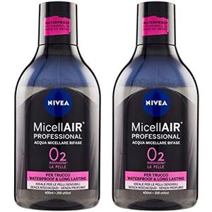 NIVEA MicellAIR Professional Acqua Micellare Bifase da 400 ml, Acqua Micellare Struccante per Trucco Waterproof, Acqua Micellare Detergente con Estratti di Tè Nero (Confezione da 2)
