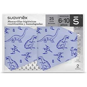 Suavinex 401322 - Mascherine per bambini riutilizzabili 6-10 anni. 3 strati. 25 cicli di lavaggio. Prodotto in spagna, 2 unità, azzurro, unisex