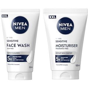 NIVEA MEN Skincare Kit Sensitive XXL, Set skincare con Crema Idratante Uomo XXL 100 ml e Gel Detergente Viso XXL 150 ml in maxi formato per 5x protezione dalle irritazioni della pelle sensibile