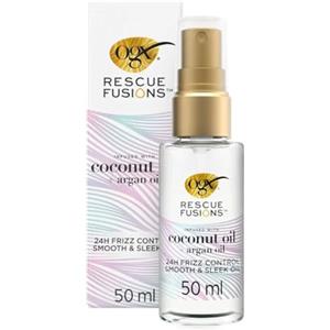 OGX Olio Capelli Rescue Fusions 24H Frizz Control Smooth & Sleek Oil 50 ml, Hair oil idratante e anticrespo con Olio di Cocco, Argan del Marocco e Jojoba, Trattamento per tutti i tipi di capelli
