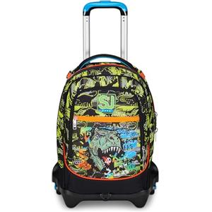 Seven SJ Gang Trolley Scuola Jack 3 Ruote, Verde Arancione, Rexmi, 3 in 1, Triplo Uso, Zaino Con Carrello Sganciabile, Tasca Porta Borraccia e Crossover System, Zaino Scuola Viaggio, Bambino Ragazzo