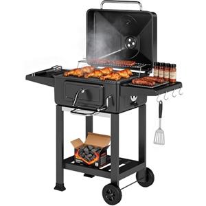 Outsunny Barbecue Carbonella con Griglia, Sfiati Vasca Carbone Regolabile, Carrello BBQ Barbecue Portatile con Coperchio, Ripiani Laterali, Termometro, Portacenere, Ganci, Ruote, per Campeggio, Nero