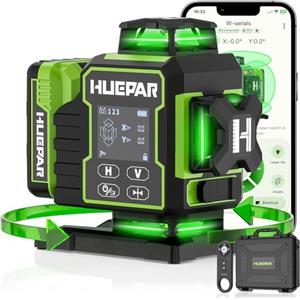 Huepar 2024 Nuova Edizione W04CG Livella Laser 4D, Livella Laser con Display LCD con Base Motore Rotante, Laser a Linea Trasversale Autolivellante a 360° - Telecomando Bluetooth, Modalità a Impulsi