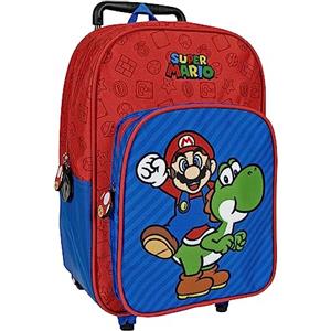 PERLETTI Zaino Trolley Super Mario Bambino Rosso Blu - Zainetto Bimbo con Carrello Staccabile e Tasca Frontale - Trolley Bambini Scuola Materna Viaggio con Mario Yoshi Regolabile Leggero - 36x25x15cm