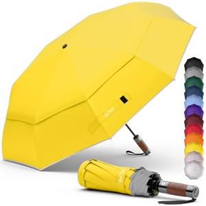 Royal Walk Ombrello da viaggio pieghevole antivento, compatto e resistente, con manico in vero legno, apertura automatica, chiusura automatica, doppia tettoia per uomini e donne, Giallo, L, Moderno