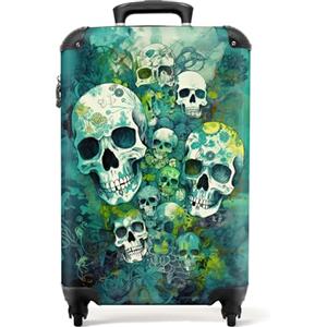 NoBoringSuitcases.com bagaglio a mano, trolley, valigia da 10 kg, rigida, leggera, valigie da viaggio per cabina, aereo, con 4 ruote girevoli, manico estensibile, 55x40x20 cm, Teschio Fiori Turchese