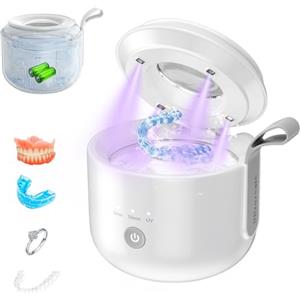 JeaTone Pulitore Ultrasuoni, 48kHz Portatile Pulitore Ultrasuoni Apparecchio Denti con Luce UV, 200ML Dental Cleaner Pod a 3 modalità per Protesi, Bite, Allineatori, Testine Spazzolino e Gioielli