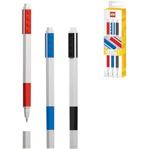 LEGO Set di 3 Penne a Gel Colorate - Rosso, Blu e Nero con Design Squadrato
