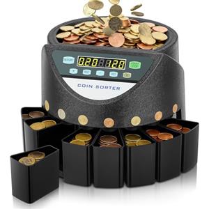 FOHERE Conta Monete Euro, Contamonete Capacità di 800 monete, Contamonete Elettronico con 8 cassetti di raccolta, per scuole, negozi e banche, nero