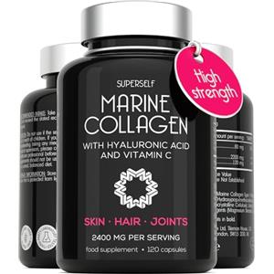 SuperSelf Collagene Marino con Acido Ialuronico 2400mg - Integratore Idrolizzato Vitamina C - 120 Capsule - Compresse di Collagene Puro di Tipo 1 per Pelle, Capelli, Ossa