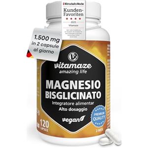 Vitamaze - amazing life Magnesio Bisglicinato 1500 mg in sole 2 capsule piccole al giorno altamente dosate, 300 mg magnesio elementare, Anti Stress, Fatica e Dolori Muscolari, Rilassante, 120 capsule vegane, Made in Germany