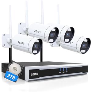 REIGY 8MP Kit Videosorveglianza Wifi Esterno con 2TB HDD, Sistema Telecamera Sorveglianza 16CH NVR+ 4x 2160P Camera Outdoor, IP66 Impermeabile Audio Bidirezionale Visione Notturna Colorata Rilevamento