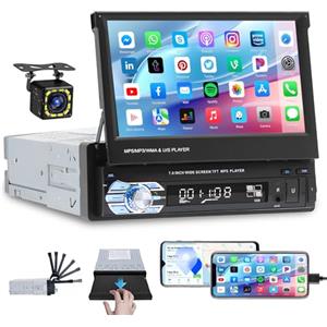 Hikity Autoradio 1 Din con Schermo A Scomparsa Tattile 7 Pollice Auto Radio Stereo Bluetooth Vivavoce con USB FM Mirror Link AUX Telecamera per Retromarcia