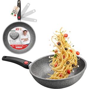 AKITAInk Wok Antiaderente Linea Cuore di Pietra 28 cm con Manico Pieghevole Salvaspazio - Effetto Pietra, Compatibile con Induzione e Tutti i Piani Cottura