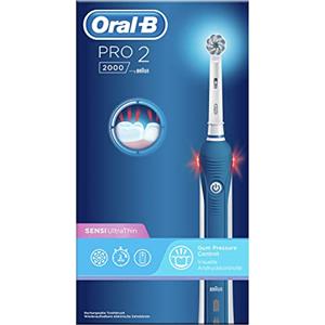 Oral-B Pro 2 2000 Spazzolino Elettrico, con Testine Oral B Cross Action, UltraThin, Azione Sbiancante Denti, Timer Integrato, 1 Testina, Batteria Litio, Idea Regalo, Bianco e Blue