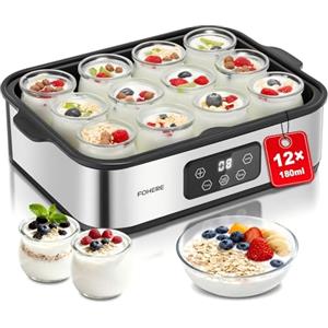 FOHERE Yogurtiera Elettrica con LCD Display, 12 Vasetti da 180 ml in Vetro, Timer 48 Ore e Controllo Costante Della Temperatura, BPA Free, Yogurt Greco, Ideale per Yogurt Fatti In Casa